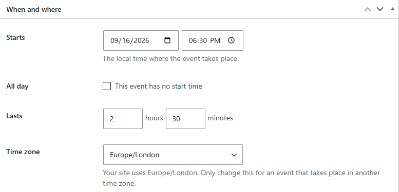 The When and where box: start date and time, a length of 2 hours 30 minutes, and the event’s own time zone, Europe/London.