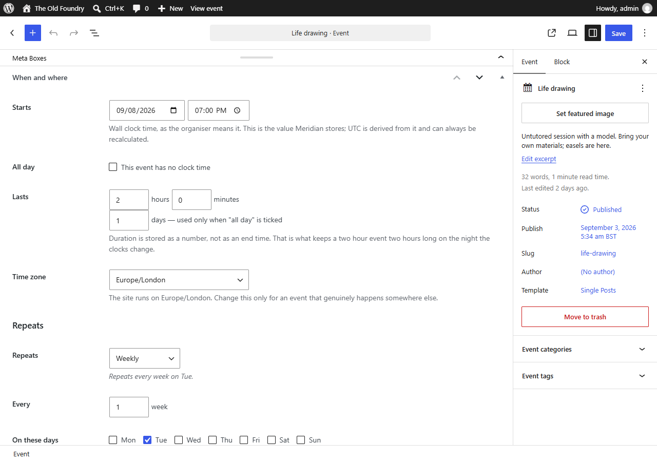 The event editing screen: date, start time, length, time zone and a repeat rule with a plain-English summary.