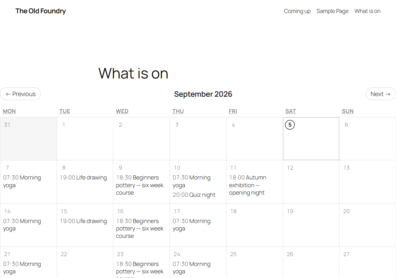 The month grid on a public page: a week of classes, a quiz night and a lecture, with today ringed.