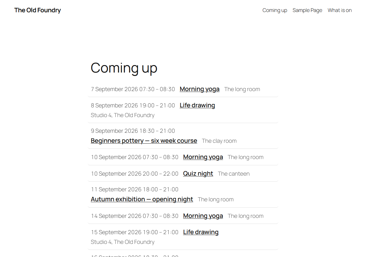 The list view on a public page: upcoming events with date, time, title and room.